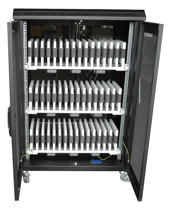 45 Fächer mit Ladefunktion für Tablets und Smartphones Rollbarer Ladewagen für die Schule